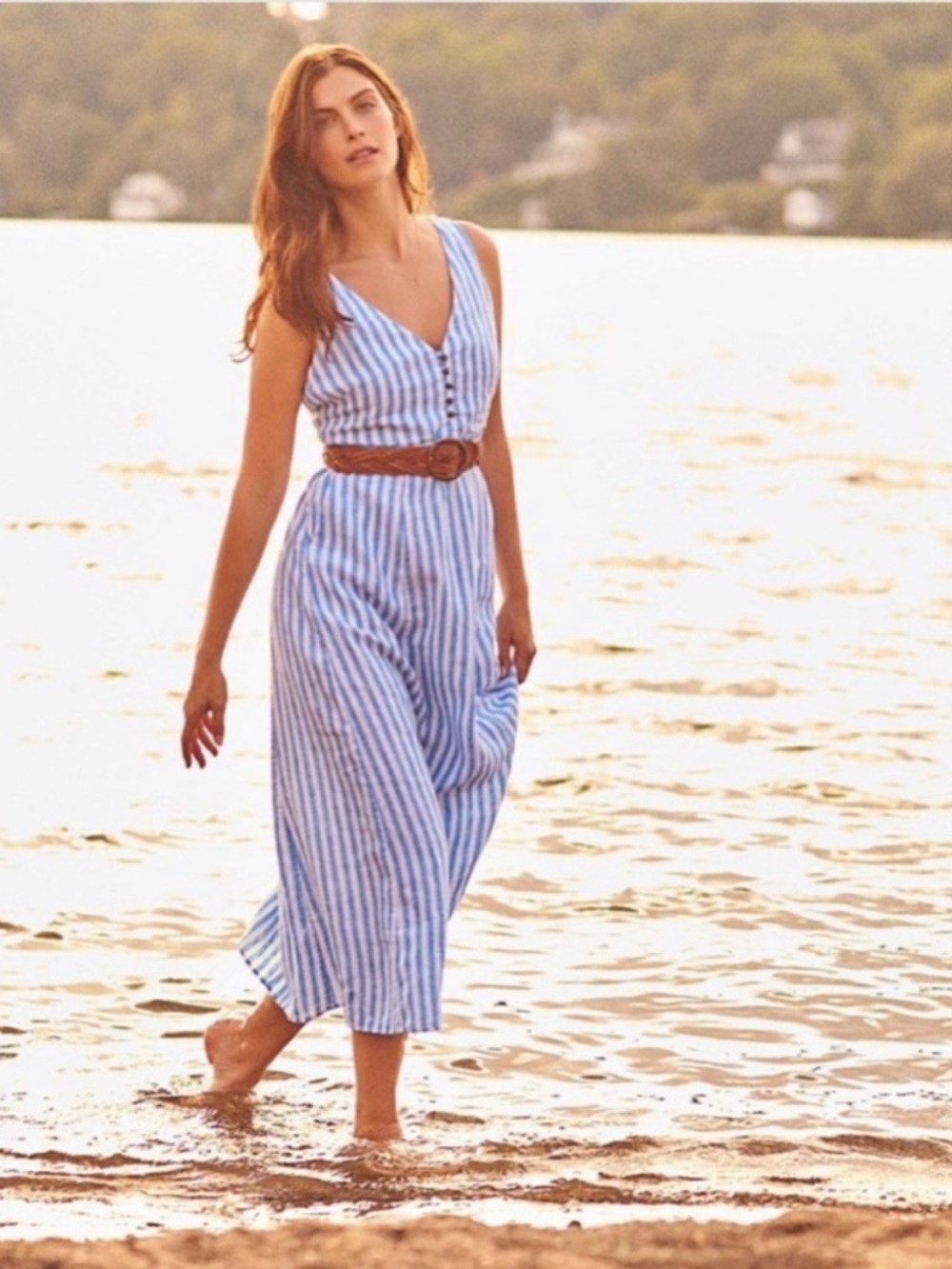 Hatley Isla white and blue striped linen maxi button front Dress